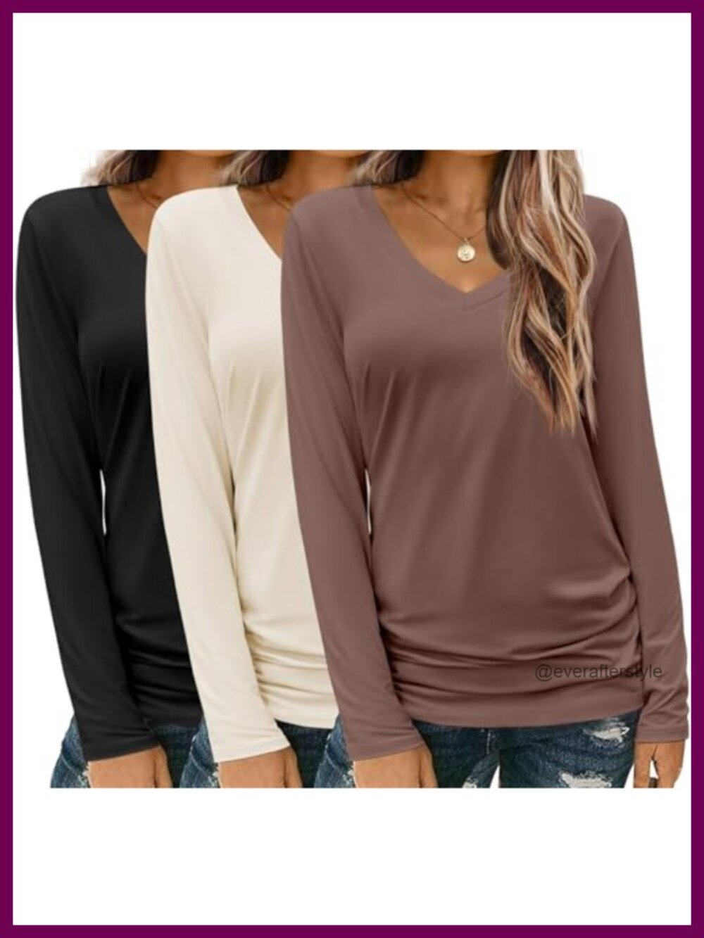 3 Pack V Neck Long Sleeve Tees Women Casual Fall Tops S-XXL
